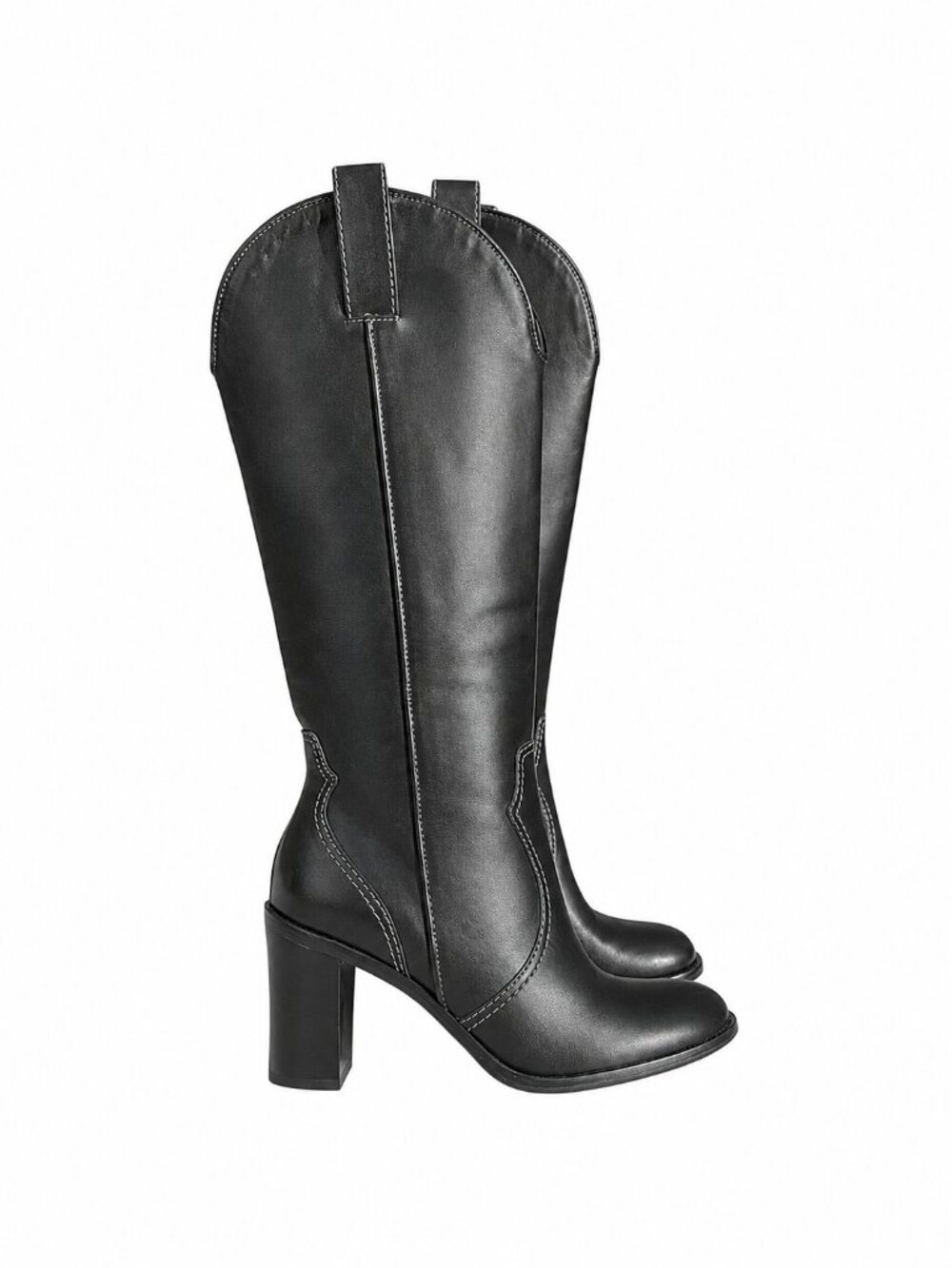 Franco Sarto Black Leather Western Knee-High Block Heel Boots, 5.5